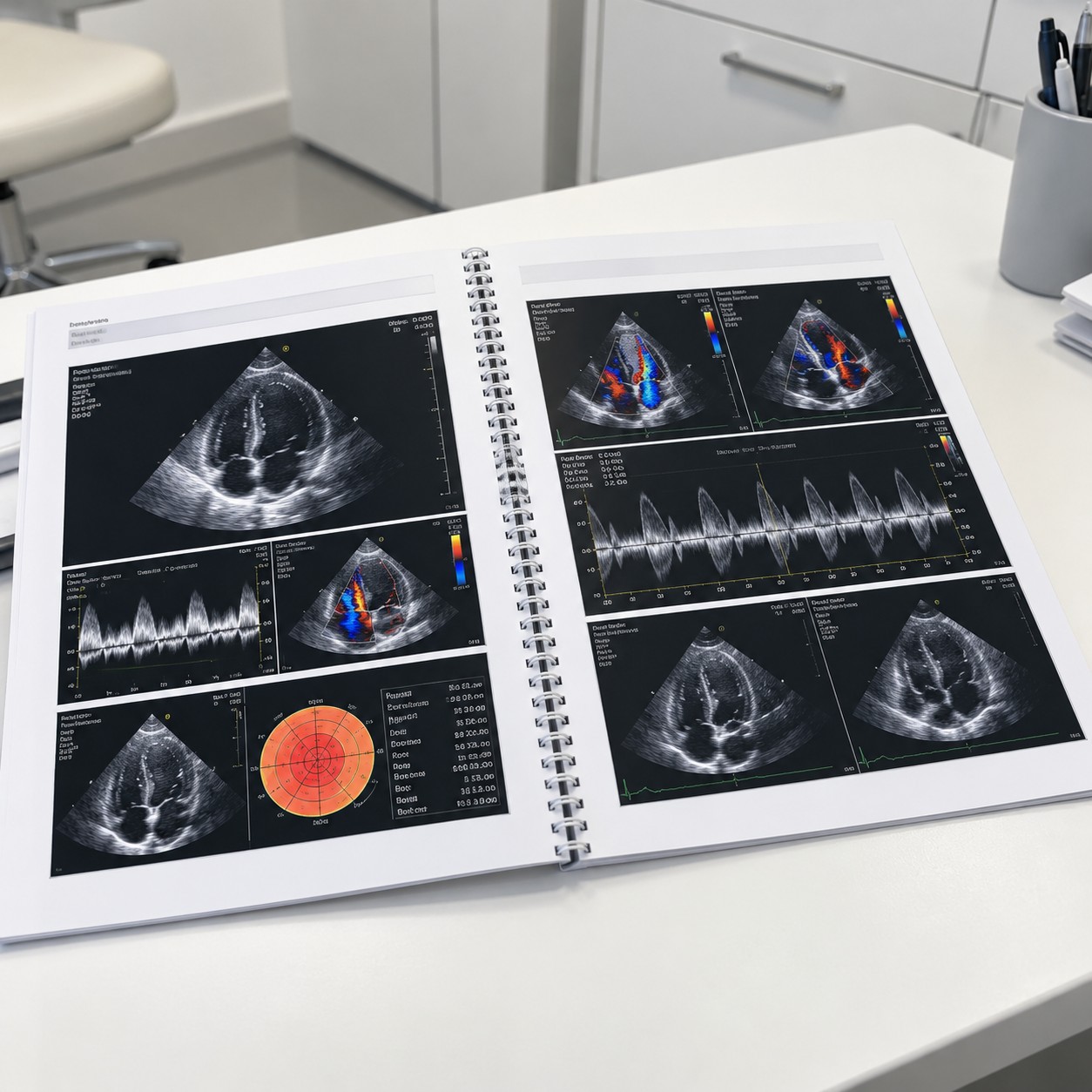 Estudio de ecocardiograma engargolado con imágenes grandes y detalladas