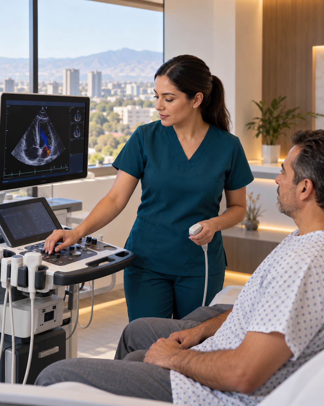 Cardióloga realizando un ecocardiograma y revisando las imágenes del corazón