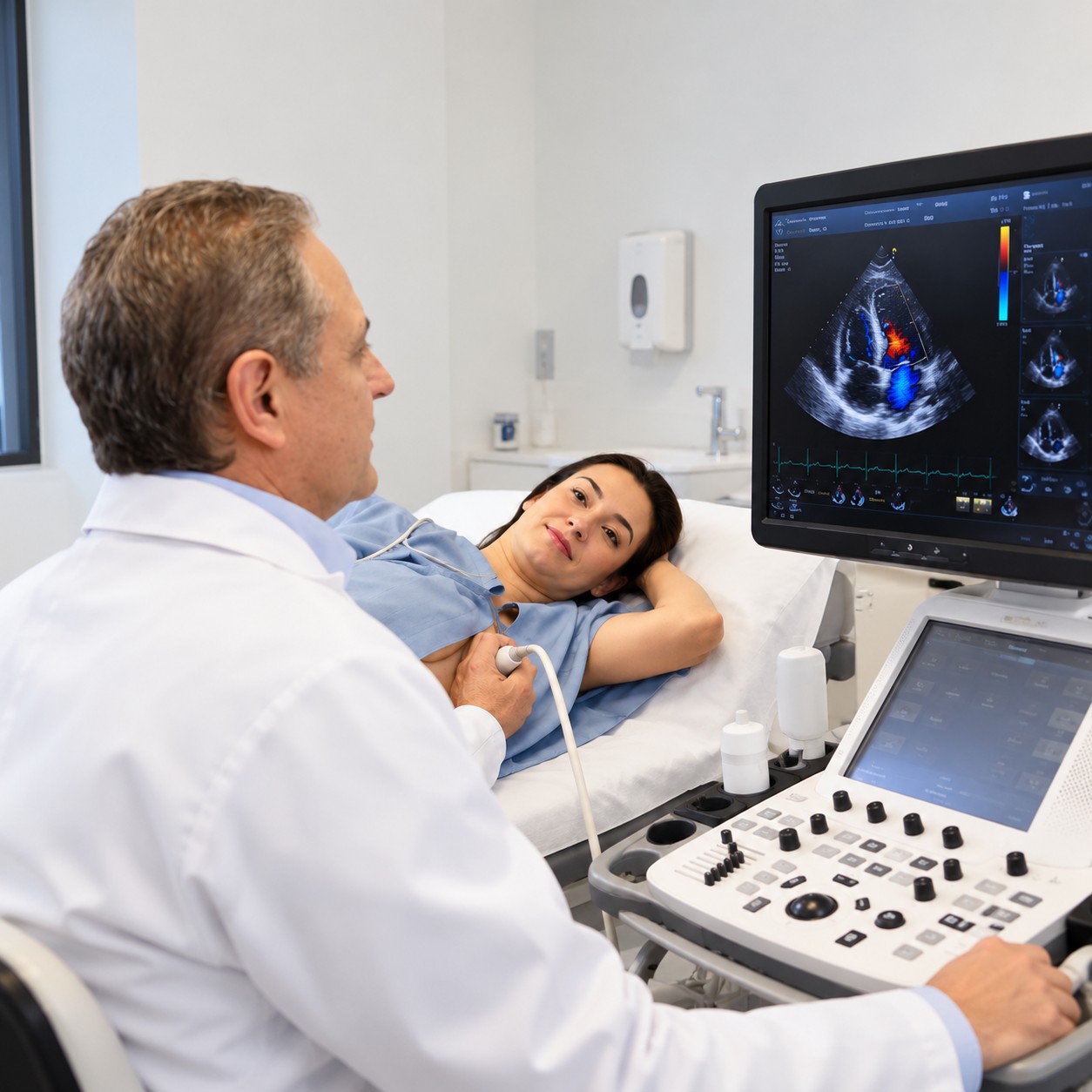 Cardiólogo realizando un ecocardiograma mientras revisa las imágenes del corazón en pantalla